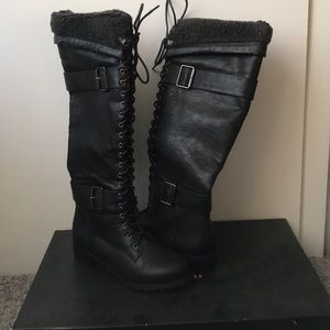 Just Fab Black Lace Up Knee High Boots.